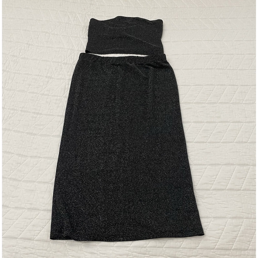 Riley & James Black Glitter Strapless Tube Top & Midi Skirt Set, L